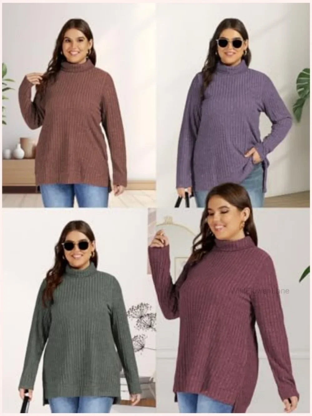Plus Size Turtleneck Lightweight Sweater Womens Tunic Side Split Long Sleeve